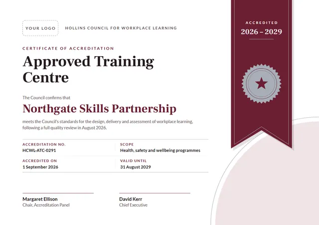 Burgundy Classic Accreditation Certificate template, A4 landscape, in burgundy