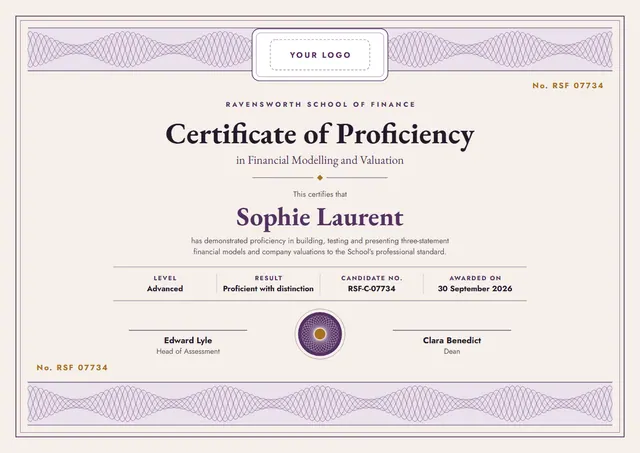 Plum Wave Certificate of Proficiency template, A4 landscape, in plum