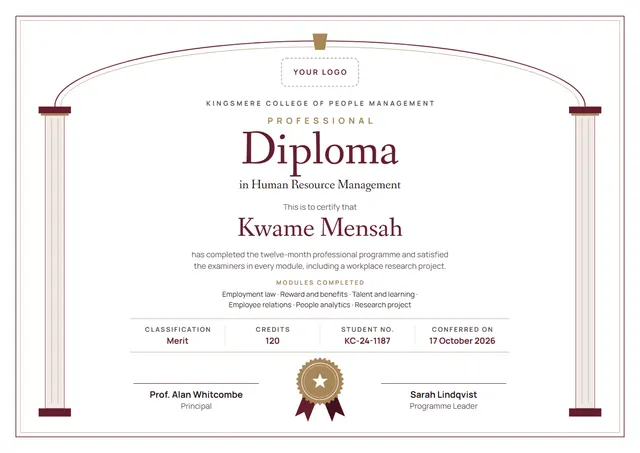 Burgundy Seal Professional Diploma template, A4 landscape, in burgundy