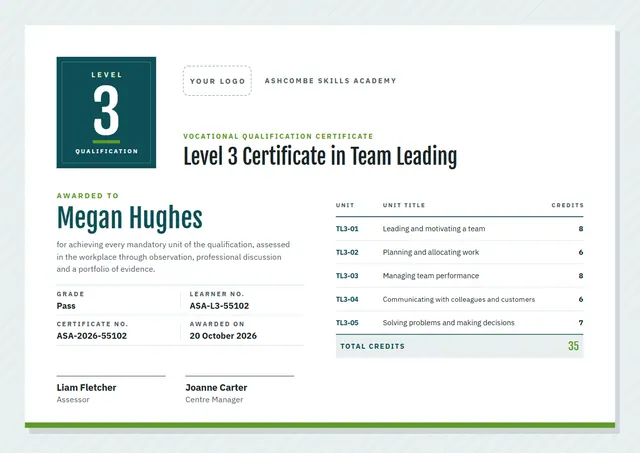 Teal Geometric Vocational Qualification Certificate template, A4 landscape, in teal