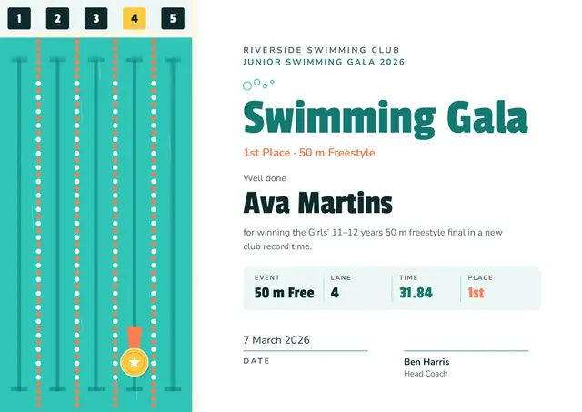 Turquoise Medal Swimming Gala Certificate template, A4 landscape, in turquoise