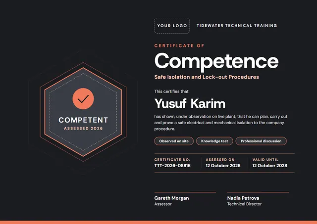 Coral Badge Certificate of Competence template, A4 landscape, in coral
