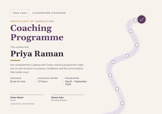 Plum Banded Coaching Programme Certificate template, A4 landscape, in plum