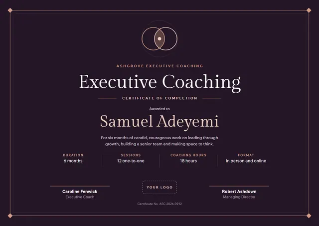 Black Ornate Executive Coaching Certificate template, A4 landscape, in black
