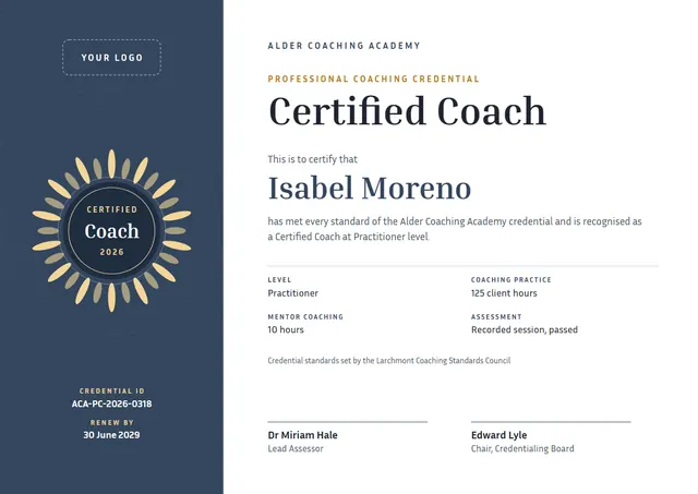 Charcoal Seal Certified Coach Certificate template, A4 landscape, in charcoal grey