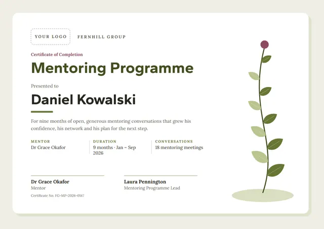 Olive Leafy Mentoring Programme Certificate template, A4 landscape, in olive