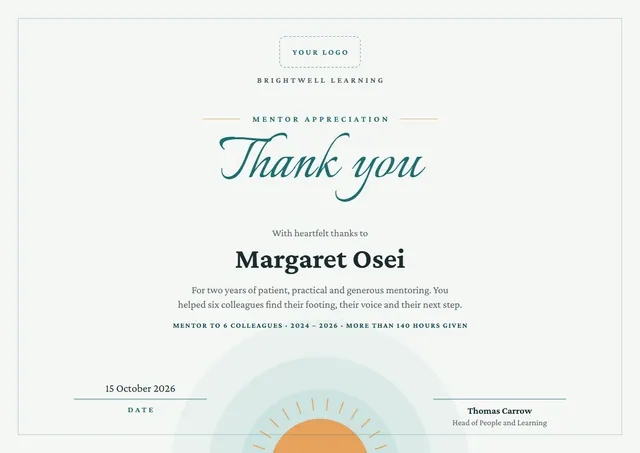 Teal Sunburst Mentor Appreciation Certificate template, A4 landscape, in teal