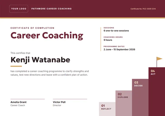 Burgundy Pennant Career Coaching Certificate template, A4 landscape, in burgundy