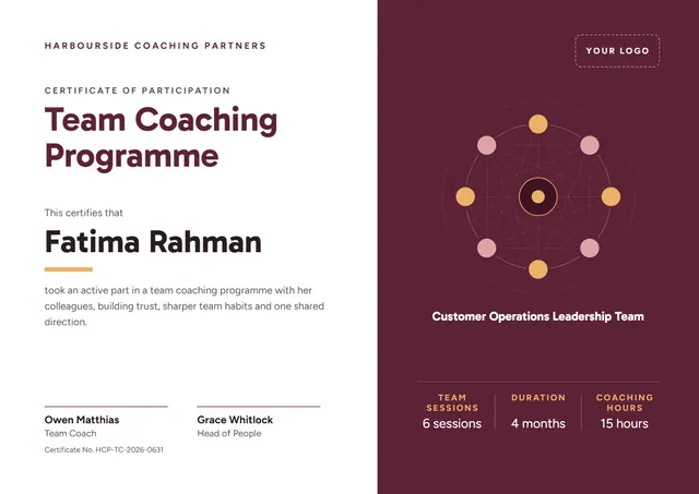 Burgundy Wave Team Coaching Certificate template, A4 landscape, in burgundy