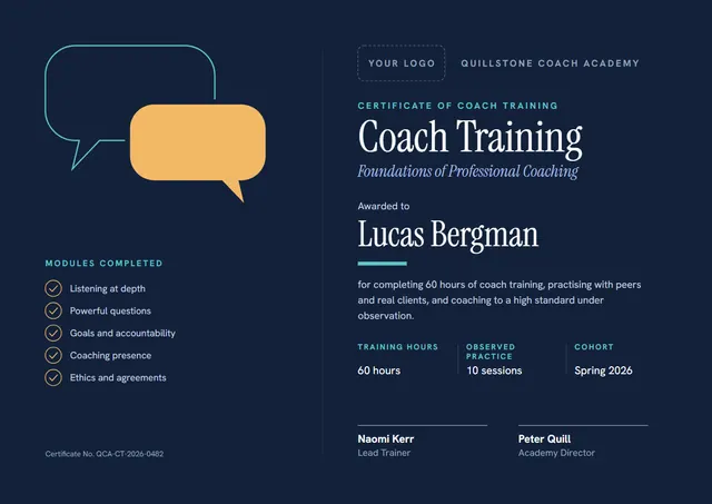 Classic Midnight Confetti Coach Training Certificate template, A4 landscape, in midnight blue