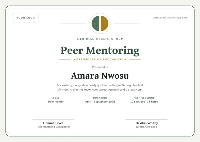Charcoal Double-Border Peer Mentoring Certificate template, A4 landscape, in charcoal grey