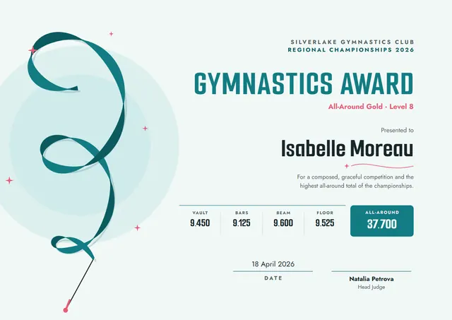 Teal Ribbon Gymnastics Award template, A4 landscape, in teal