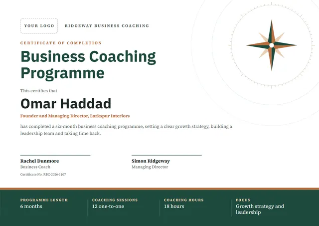 Forest Green Starry Business Coaching Certificate template, A4 landscape, in forest green