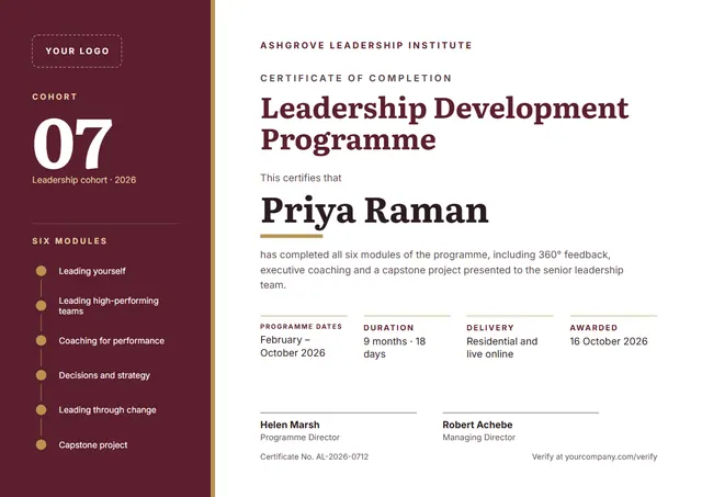 Burgundy Banded Leadership Development Certificate template, A4 landscape, in burgundy