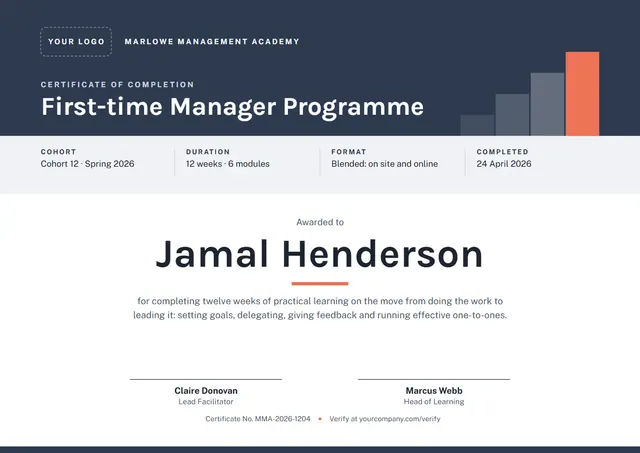 Charcoal Banded First-time Manager Certificate template, A4 landscape, in charcoal grey