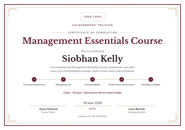 Burgundy Ornate Management Essentials Certificate template, A4 landscape, in burgundy