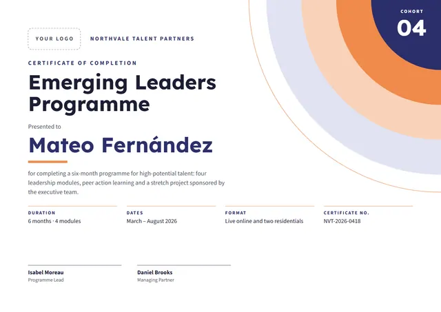 Navy Banded Emerging Leaders Certificate template, A4 landscape, in navy