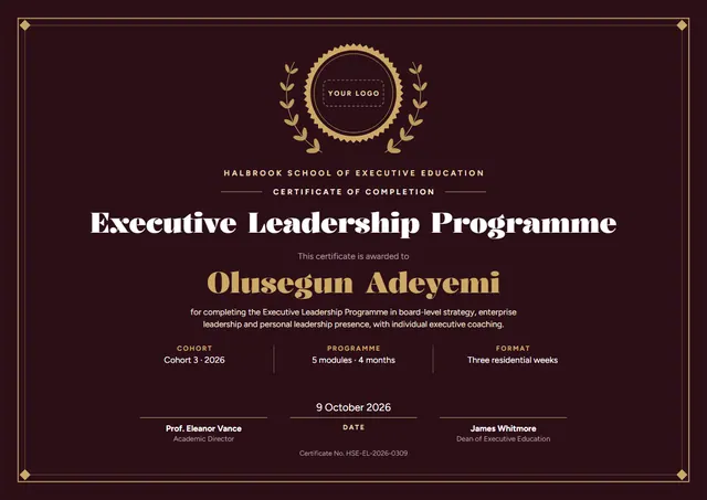 Burgundy Laurel Executive Leadership Certificate template, A4 landscape, in burgundy