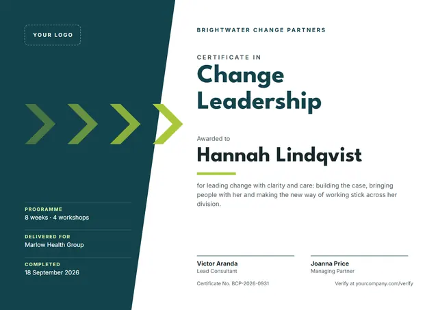 Forest Green Geometric Change Leadership Certificate template, A4 landscape, in forest green