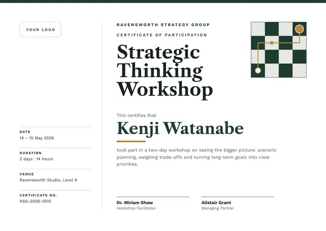 Forest Green Starry Strategic Thinking Workshop Certificate template, A4 landscape, in forest green
