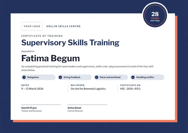Navy Badge Supervisory Skills Certificate template, A4 landscape, in navy