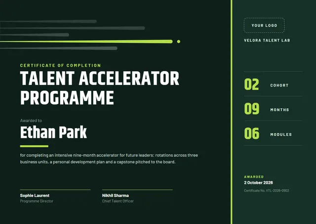 Forest Green Chart Talent Accelerator Certificate template, A4 landscape, in forest green