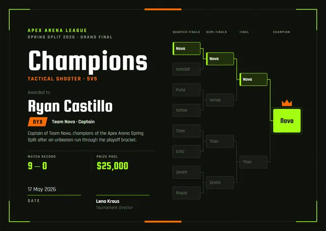 Lime Crown Esports Tournament Certificate template, A4 landscape, in lime