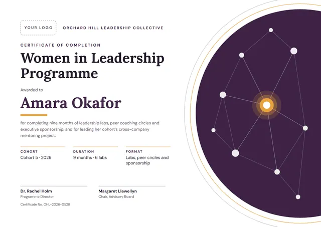Plum Banded Women in Leadership Certificate template, A4 landscape, in plum
