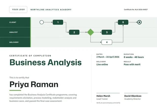 Forest Green Starry Business Analysis Certificate template, A4 landscape, in forest green