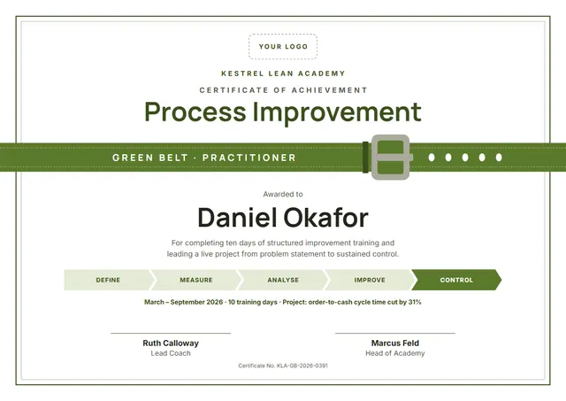 Olive Geometric Green Belt Certificate template, A4 landscape, in olive