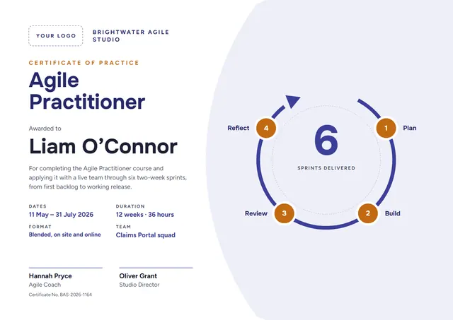 Navy Ornate Agile Practitioner Certificate template, A4 landscape, in navy