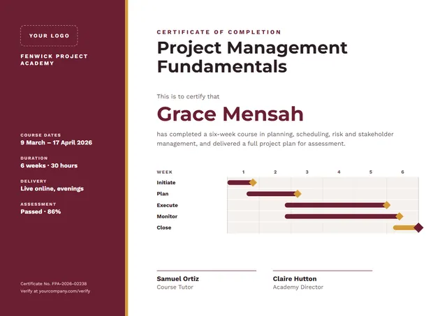 Burgundy Chart Project Management Fundamentals Certificate template, A4 landscape, in burgundy