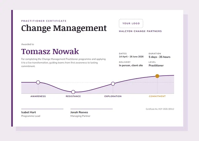 Plum Starry Change Management Practitioner Certificate template, A4 landscape, in plum