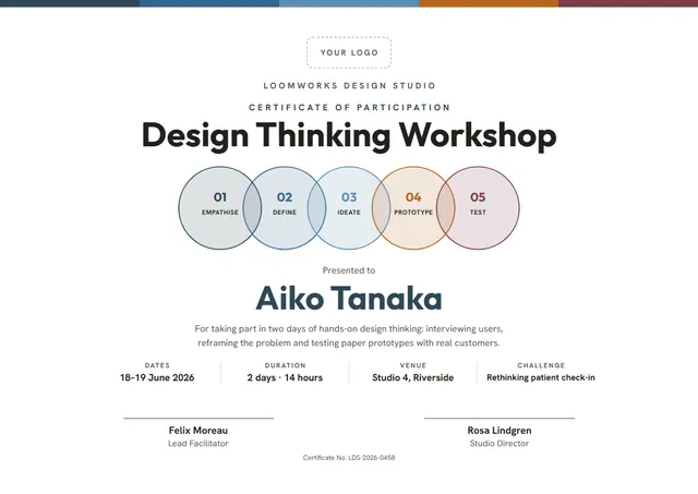 Charcoal Banded Design Thinking Workshop Certificate template, A4 landscape, in charcoal grey