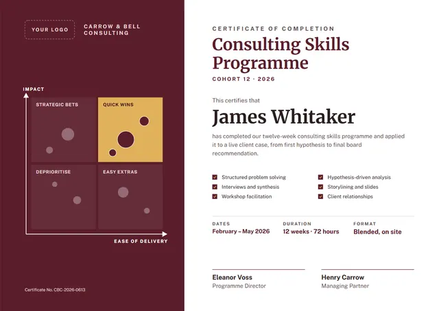 Burgundy Confetti Consulting Skills Certificate template, A4 landscape, in burgundy
