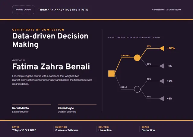 Black Leafy Data-driven Decision Making Certificate template, A4 landscape, in black