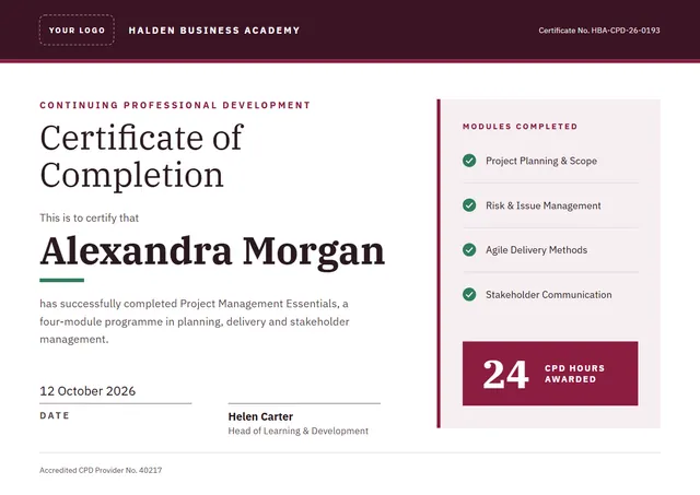 Burgundy Badge Training & CPD Certificate template, A4 landscape, in burgundy