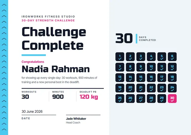 Sky Blue Chart Fitness Challenge Certificate template, A4 landscape, in sky blue