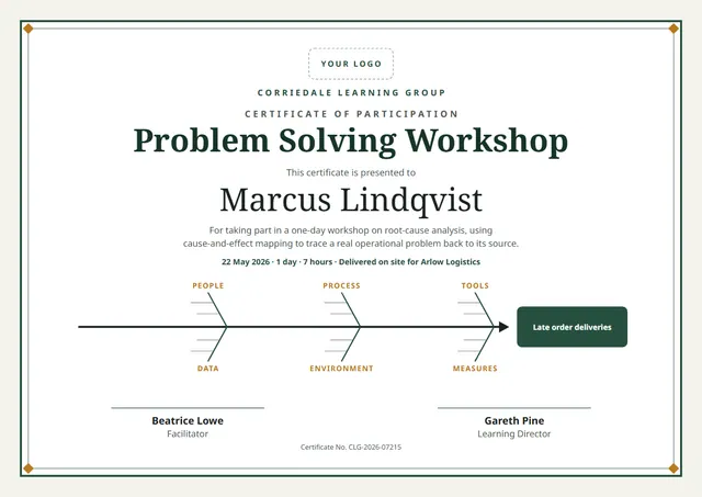 Forest Green Ornate Problem Solving Workshop Certificate template, A4 landscape, in forest green