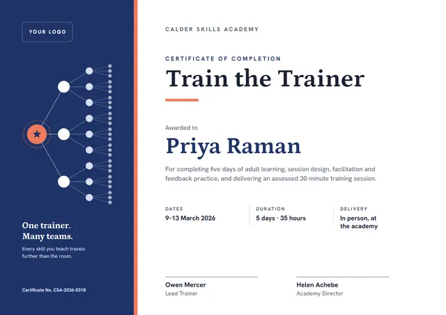 Navy Starry Train the Trainer Certificate template, A4 landscape, in navy