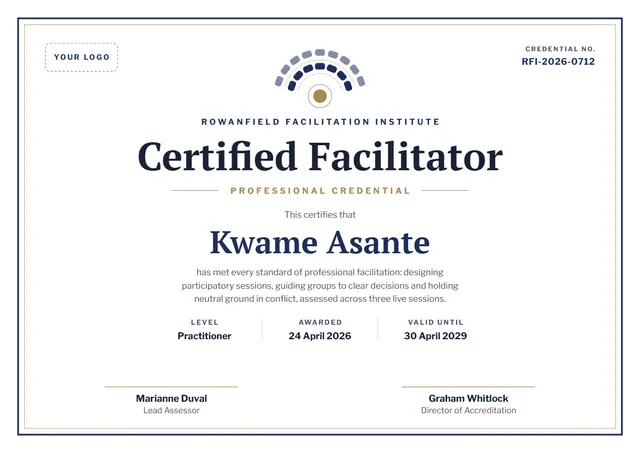 Navy Wave Certified Facilitator Certificate template, A4 landscape, in navy