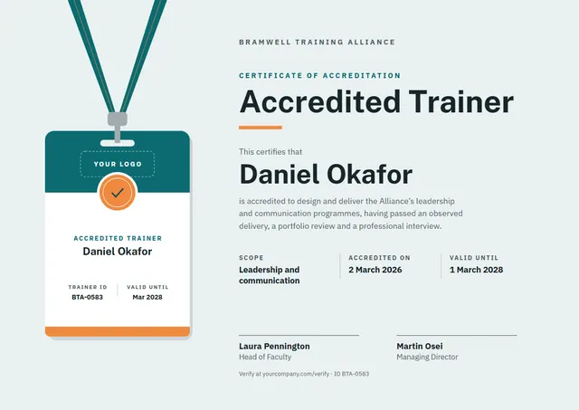 Teal Badge Accredited Trainer Certificate template, A4 landscape, in teal
