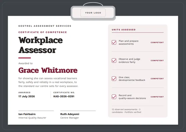 Burgundy Banded Workplace Assessor Certificate template, A4 landscape, in burgundy
