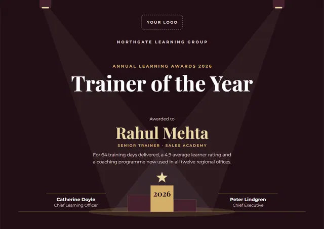 Burgundy Starry Trainer of the Year Award template, A4 landscape, in burgundy
