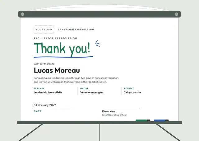 Emerald Chart Facilitator Appreciation Certificate template, A4 landscape, in emerald