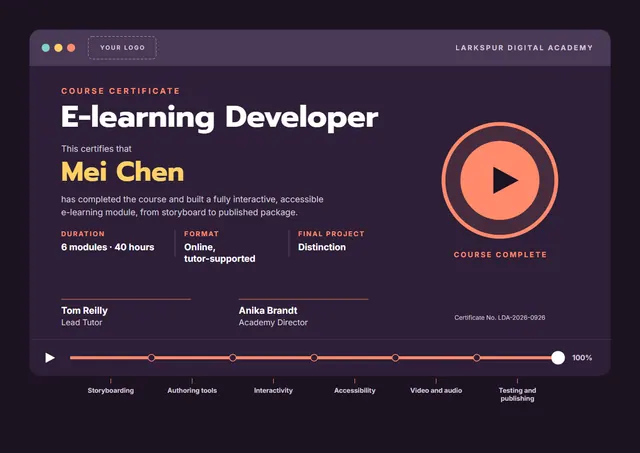 Black Banded E-learning Developer Certificate template, A4 landscape, in black