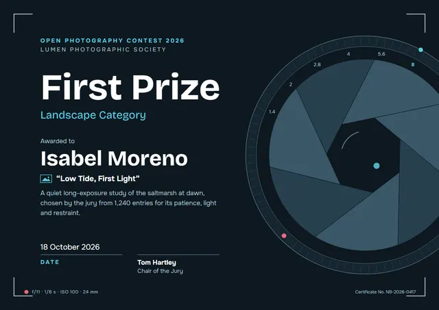 Midnight Bordered Photography Contest Certificate template, A4 landscape, in midnight blue