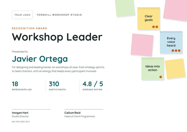 Teal Chart Workshop Leader Recognition Award template, A4 landscape, in teal
