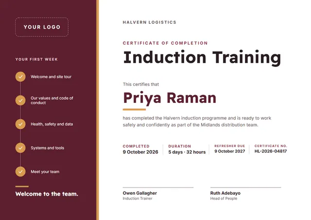 Burgundy Banded Induction Training Certificate template, A4 landscape, in burgundy