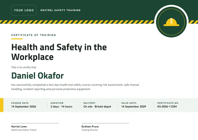 Forest Green Badge Health and Safety Training Certificate template, A4 landscape, in forest green